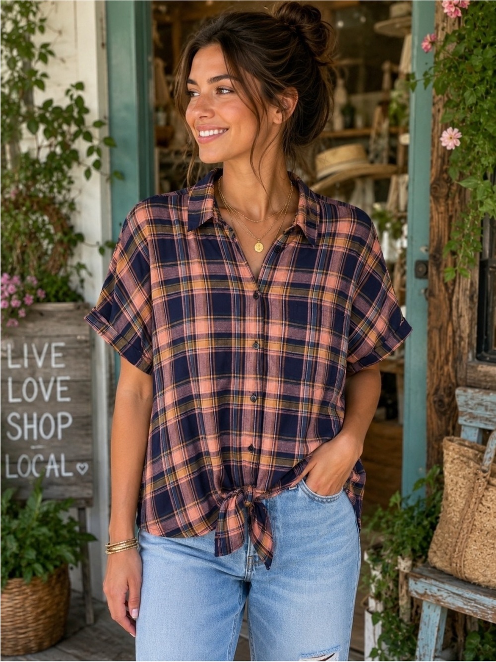 Madewell Navy and Peach Plaid Tie-Front Button Shirt XS